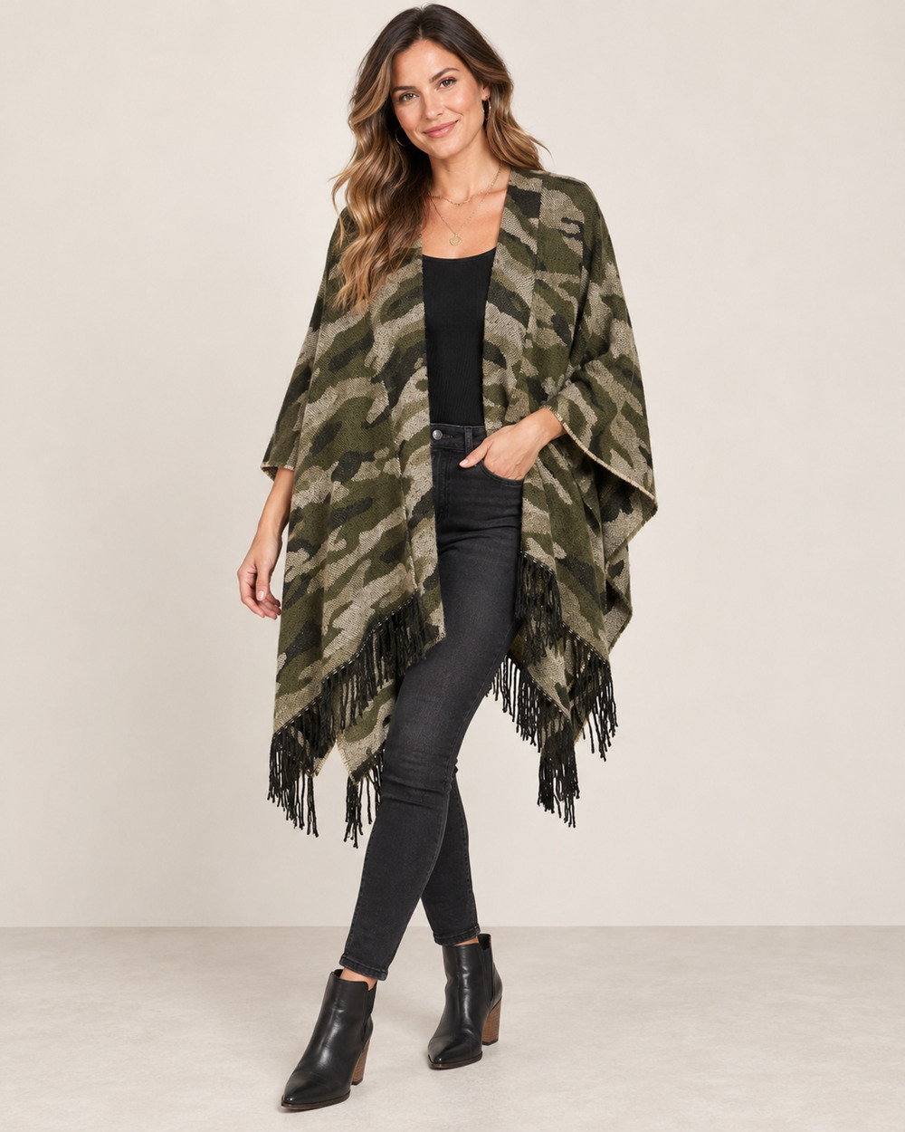 Sonoma Camo Poncho Ruana Womens One Size Oversized Fringe Open Front Boho